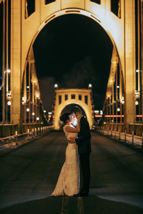 TYLER NORMAN PHOTOGRAPHY- Pittsburgh wedding photography, Winter wedding, new years eve, bridge, maggie sottero lace off the shoulder gown Pittsburgh Elopement, Pittsburgh Bridges, Bridge Wedding, Pittsburgh Wedding Photography, Winter Wedding Photos, New Years Eve Weddings, Photography Winter, Wedding Photo Props, Pittsburgh Wedding