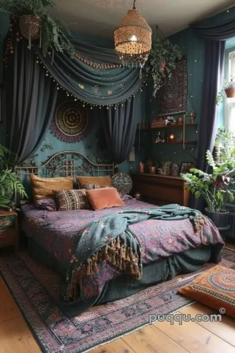 🍂Enamored by the sophisticated decor in this space🍂 Dark Boho Bedroom Aesthetic, Witchy Bedrooms, Boho Witchy Bedroom, Scandinavian Bedroom Decor, Dark Bohemian, Whimsical Bedroom, Boho Bedroom Design, Purple Bedrooms, Bohemian Room