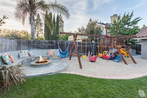 Sand Play Area For Kids Backyard, Economical Backyard Ideas, Playset And Fire Pit, Dream Backyard Layout, Backyard Flip Diy, Backyard Ideas With Playground, Backyard Layout With Pool And Playground, Patio And Play Area Backyard Ideas, Family Yard Ideas Backyards