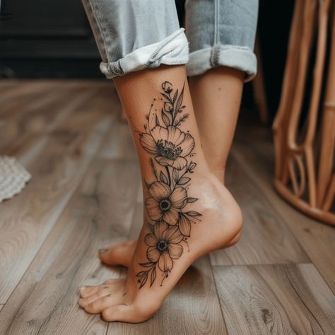 37 Feminine Ankle Tattoos That Set Trends, Not Follow Them Simplistic Leg Tattoos, Tattoo Ankle Placement, Inside Ankle Tattoos For Women Cover Up, Nature Feminine Tattoos, Large Ankle Tattoo, Ankle Tattoo Floral, Flower Tattoos Around Ankle, Tattoo Calf Woman, Feminine Ankle Tattoos For Women