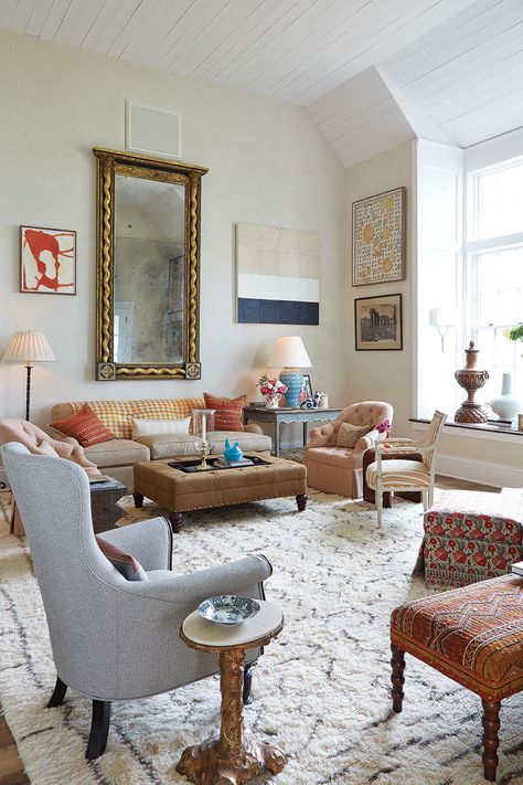 We loved the spicy color palette in the living room of the 2015 Southern Living Idea House -- warm corals, tan, and oranges. Southern Home Decor Living Room, Over The Sofa Wall Decor Ideas, Wall Behind Sofa, Decor Above Couch, Southern Living Idea House, Behind Sofa, Sofa Wall Decor, Dark Living Rooms, Sofa Wall