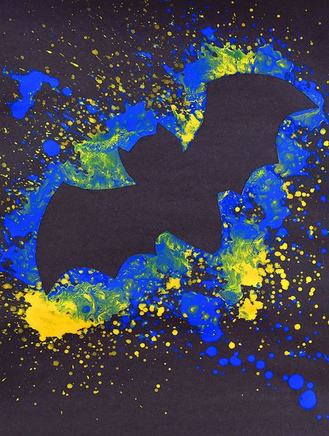 This splatter paint bat artwork is SO FUN to make! Using dollar store spray bottles and washable paint you can quickly make really awesome silhouette artwork of bats in the night sky! This is such a fun craft for kids and a great Halloween project! Such a fun way to learn about negative space at home or in the classroom. Bat Artwork, Splatter Paint Canvas, Batman Signal, Silhouette Artwork, One Little Project, Paint Splatter Art, Chalk Stencils, 2023 Ideas, Messy Crafts