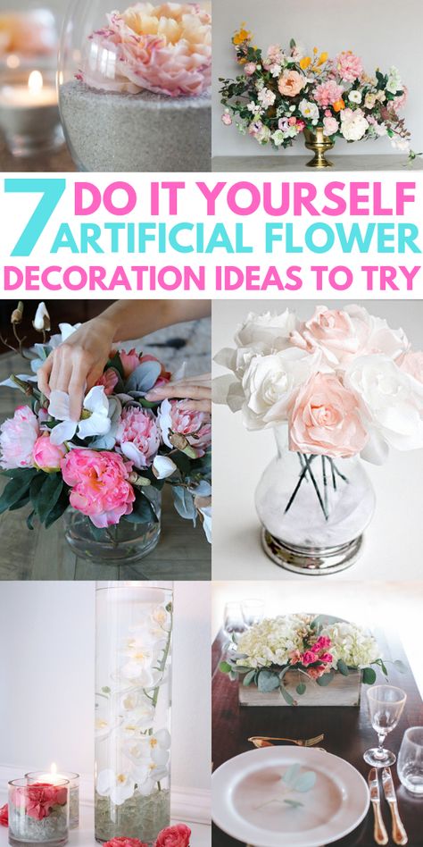 Beautiful DIY Artificial Flower Decoration Ideas for your home. Learn how to make simple bridal bouquets for a wedding, wall art for home decor and wreaths for front doors using silk flowers and artificial flowers. These great ideas for artificial flowers for home decorations will change the look of your home on a budget! #silkflowers #diyhomedecor #diyhomedecoronabudget #flowerdecor #flowerdecorations Fake Flower Centerpieces, Flower Decoration Ideas, Artificial Decoration, Do It Yourself Decoration, Artificial Flowers Decor, Diy Fleur, Fake Flower Arrangements, Diy Bridal Bouquet, Simple Wedding Flowers