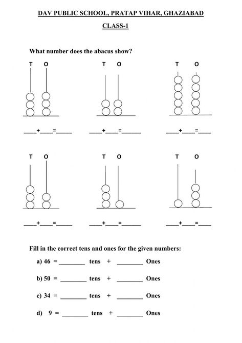 Abacus Worksheet For Kids, Abacus Worksheet, Worksheets For Class 1, Kids Math, Tens And Ones, Kids Math Worksheets, 1st Grade Worksheets, Study Material, Math For Kids