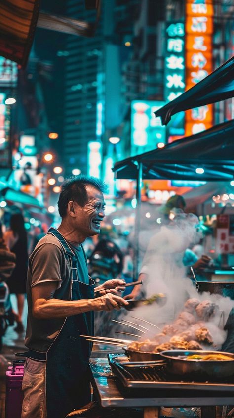 Street Food Vendor: A bustling night market scene captures a street food vendor cooking amidst neon-lit signboards. #street #food #vendor #night #market #aiart #aiphoto #stockcake ⬇️ Download and 📝 Prompt 👉 https://ayr.app/l/LD8A Night Market Photography, Street Vendor Photography, Food Market Photography, Food Festival Photography, Night Market Illustration, Food Street Photography, Street Market Photography, Street Food Photography, Street Food Design