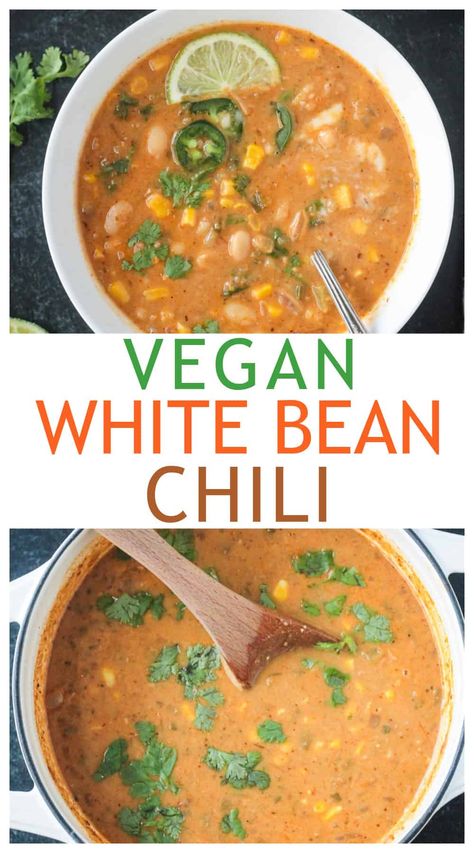 Meatless White Chili, Vegetarian White Bean Chili Recipe, White Vegetarian Chili, Vegetarian White Chili Recipe, Vegan White Bean Chili Recipe, Plant Based White Bean Chili, White Bean Chili, White Chili, Mexican Soup