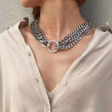 ⛓️Introducing our Oversized Multi-Chain Statement Necklace, a perfect blend of elegance and edge. Featuring a sleek Figaro chain and textured rock-inspired Cuban links, it complements any outfit. Model: @aggeliki.fratzi Outfit: @pagosmio_store #multichain #chainnecklace #silvernecklace #chunkyjewelry #handmadejewelry #anangelshug Big Chain Necklace, Chain Necklace Outfit, Thick Neck, Necklace Outfit, Chunky Jewelry, Figaro Chains, Figaro Chain, Neck Chain, Steel Chain