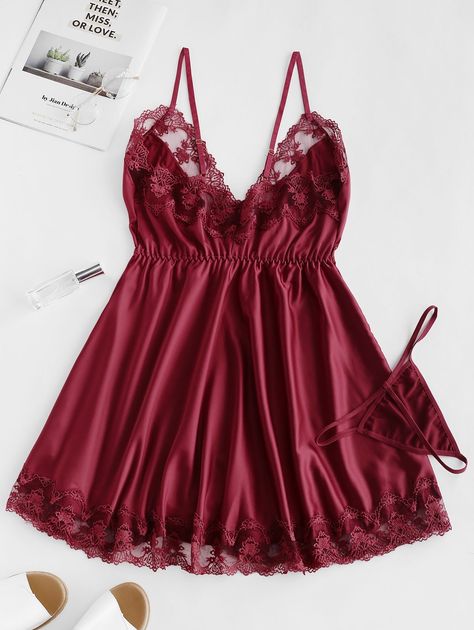 Lace Insert Satin Lingerie Babydoll  RED WINE , #AFFILIATE, #Satin, #Insert, #Lace, #Lingerie, #WINE #Ad Mesh Panel Dress, Mode Turban, Sleepwear Fashion, Cute Sleepwear, Lingerie Babydoll, Satin Lingerie, Cute Lingerie, Lingerie Outfits, Pretty Lingerie