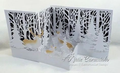 This beautiful handmade winter card was created in white on white die cuts on a premade Z fold card base. Come see how you can create this beautiful scene! Winter Karten, Step Card, Mermaid Lagoon, Step Cards, Fancy Fold Cards, Christmas 2016, Marianne Design, Fancy Folds, Card Making Techniques