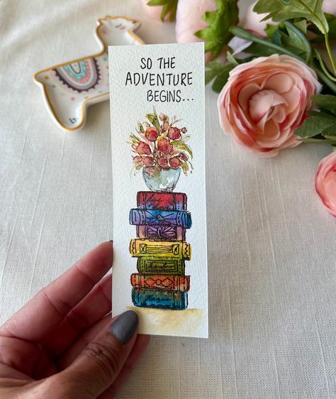 Hand painted bookmark, Watercolor artwork, Stacked books art, bookmark gift, birthday gift, book lovers gift, bookmark gifts, bookmark art Bookmark Ideas Aesthetic Qoutes, Watercolour Bookmarks Easy, Paint Bookmarks, Watercolour Bookmarks, Bookmark Watercolor, Bookmark Art, Bookmarks Diy, Handmade Bookmarks Diy, Stacked Books