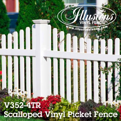 Scalloped Fence, Vinyl Picket Fence, White Vinyl Fence, Picket Fence Panels, Backyard Covered Patios, Covered Patios, Backyard Fence, Types Of Fences, Ear Cap