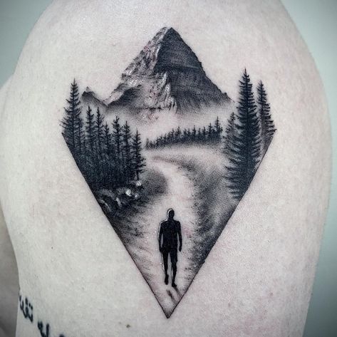 Canadian rocky mountain and boreal forest. . This one will be the last tattoo before the temporary closure comes in an effect. .… Mountain Tattoo Back Of Neck, Mountain Path Tattoo, Small Scenery Tattoo, Path Tattoo Design, Scenery Tattoos For Men, Mountain Tattoo Chest, Triangle Nature Tattoo, Path Of Life Tattoo, Life Path Tattoo