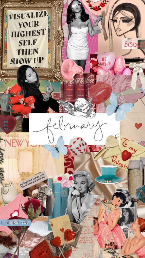 February Mood Board, February Moodboard, February Aesthetic, February Mood, Aesthetic Typography, Soul Collage, Lana Del Rey Vinyl, I Adore You, Wallpaper Ideas