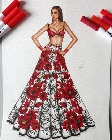 Lehanga Fashion Illustration, Floral Dress Illustration, Dress Illustration Art, Sketches Design, Fashion Illustration Poses, Indian Dresses For Women, Traditional Prints, Fashion Illustration Tutorial, Fashion Design Books