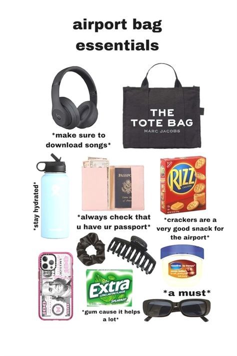 Airport Bag Essentials, Airport Essentials, Road Trip Necessities, Airport Bag, Trip Essentials Packing Lists, Balenciaga Outfit, Road Trip Bag, Road Trip Kit, Airplane Travel Essentials