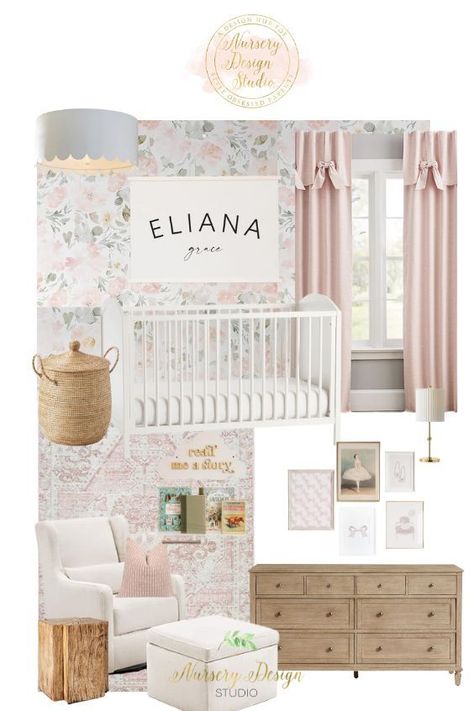 Nursery With Floral Wallpaper, Girly Nursery Ideas Pink, Pink Wallpaper Nursery, Floral Nursery Ideas, Pink Nurseries, Pink Nursery Ideas, Nursery 2024, Baby Girl Floral Nursery, Nursery Design Board