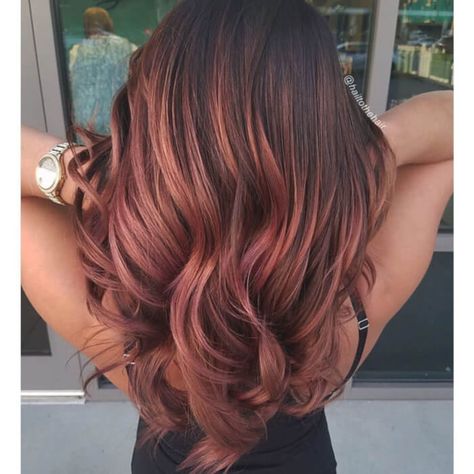 Rose Gold Hair Brunette, Gold Hair Dye, Cascading Curls, Gold Balayage, Rose Gold Balayage, Auburn Balayage, Rambut Brunette, Hair Inspired, Gold Hair Colors