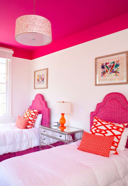 9 Ideas For A Painted Ceiling | ROWE SPURLING PAINT COMPANY Pink Girls Room Paint, Colorful Girls Bedroom Ideas, Girls Room Paint, Kids Furniture Design, Children Furniture, Pink Bedroom For Girls, Kids Room Paint, Colored Ceiling, Pink Bedrooms