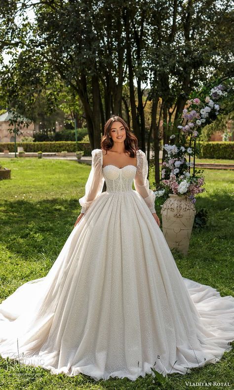 Weddinginspirasi.com featuring - vladiyan royal 2024 bridal sheer puff sleeve sweetheart neckline embellished bodice a line ball gown wedding dress chapel cathedral train (12) mv -- Most Viral 2024 Wedding Dresses #wedding #weddings #bridal #weddingdress #weddingdresses #bride #fashion #2024trends #season:Fall/Winter #season:Spring/Summer #trend #trends #week:022024 #year:2024 ~ Tulle Decorations, Wedding Guest Gowns, Bride Attire, Fall Wedding Guest, Formal Wear Dresses, Fall Wedding Guest Dress, Womens Wedding Dresses, Plus Size Formal Dresses, Wedding Dress Fabrics