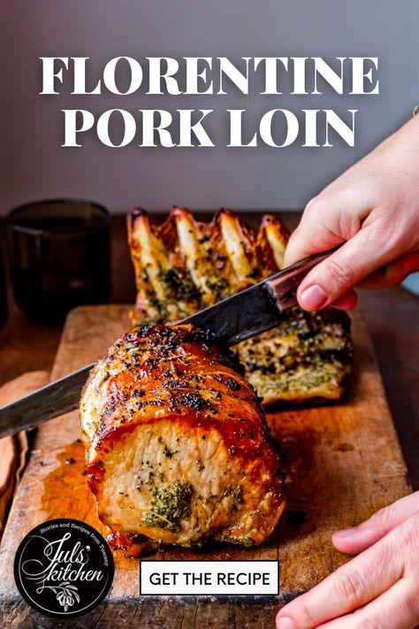 Roasted pork loin on the cutting board being cut with text "Florentine Pork Loin, get the recipe." Italian Easter Recipes, Sunday Meals, Roasted Pork Loin, Pork Loin Recipe, Easter Meal, Italian Easter, Pork Loin Recipes, Sunday Recipes, Roasted Pork