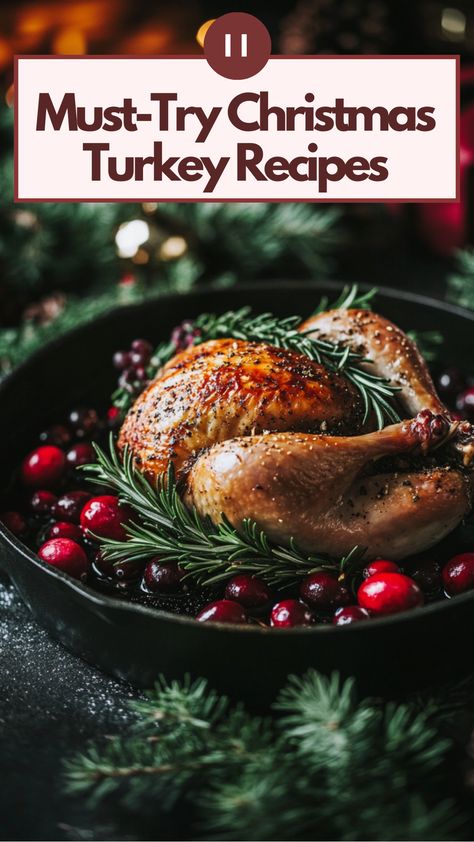 A delicious, golden-brown Christmas turkey fresh out of the oven, garnished with rosemary and cranberries, ready to be enjoyed by family and friends. Turkey Christmas Recipes, Turkey Recipes Christmas, Christmas Turkey Dinner Menu Ideas, Turkey Dinner Side Dishes, Turkey Dinner Sides, Holiday Turkey Recipes, Christmas Turkey Dinner, Healthy Christmas Dinner, Best Turkey Recipe