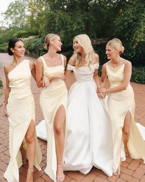 This soft and romantic hue adds a touch of warmth and brightness to any bridal party. The colour yellow is often associated with happiness, joy, and positivity, making it a perfect choice for celebrating love and new beginnings. Whether you're planning a garden wedding or a beach ceremony, butter yellow bridesmaid dresses are a versatile and timeless choice that will complement any wedding theme. Champagne Crepe Bridesmaid Dresses, French Wedding Bridesmaid, Pastel Yellow Bridesmaid Dresses, Bridesmaid Colors, Yellow Bridesmaid Dresses, Yellow Theme, Yellow Bridesmaids, Custom Dress, Dress Guide