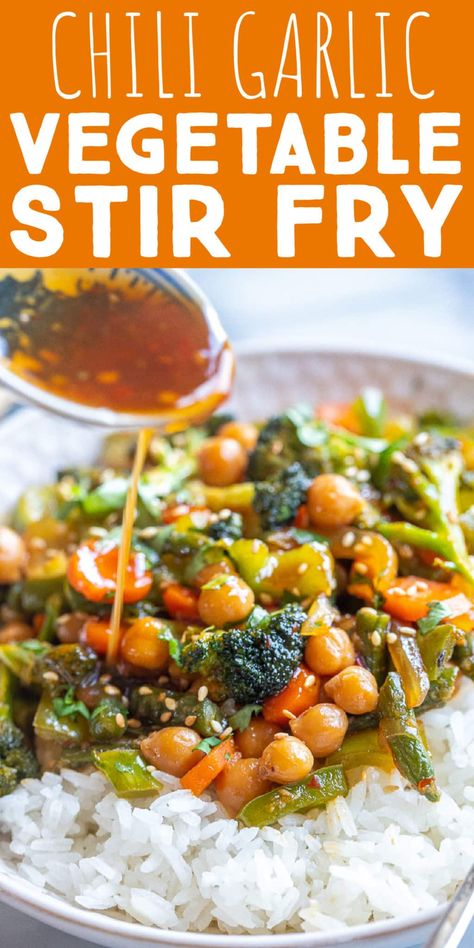 This Chili Garlic Vegetable Stir Fry with Chickpeas comes together in just 30 minutes and in one pan! It's easy to make, but big on flavor and is great when you have lots of vegetables in the refrigerator that need to be used up. Serve with rice or noodles and enjoy for lunches throughout the week, or a delicious weeknight dinner. #stirfryrecipe #veggiestirfry #chiligarlicsauce #vegan #weeknightdinner Meatless Stir Fry Recipes, Recipes With Chili Garlic Sauce, Vegetable Stir Fry Recipe, Gluten Free Soy Sauce, Stir Fry Noodles, Clean Eating Dinner, Stir Fry Sauce, Chili Garlic Sauce, Veggie Stir Fry