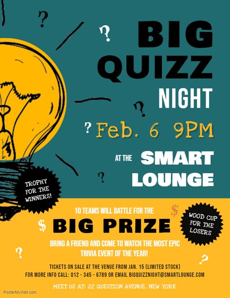 Big Quiz Night Event Poster Template Quiz Poster Design Ideas, Quiz Design Ideas, Event Announcement Poster Design, Announcement Poster Layout, Quiz Night Poster, Quiz Poster, Trivia Poster, Event Ads, Pub Poster