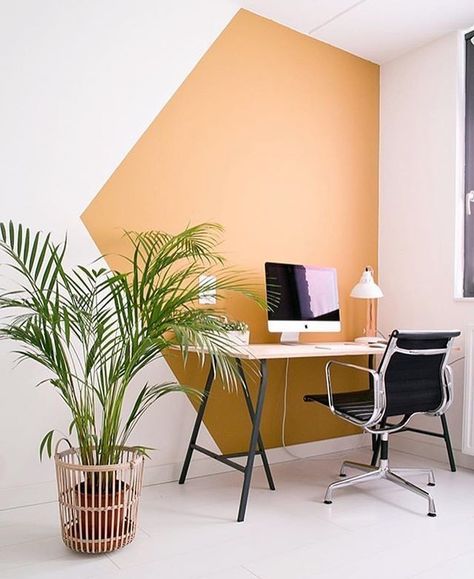 Colour Blocking Interior, Beachy Boho, Wall Paint Designs, Colour Blocking, Block Wall, Home Office Space, A Desk, Office Interior Design, Home Office Design