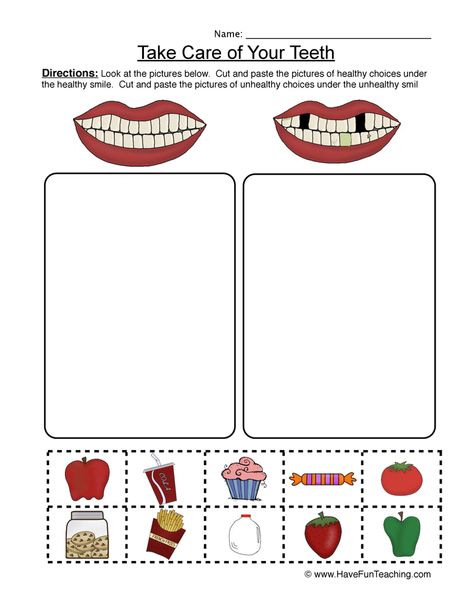 How to teach Brushing Teeth Using Clean Teeth Worksheet - Sorting, students know how to keep their teeth clean and healthy by sorting healthy and unhealthy foods. Knowing how to take… Teeth Worksheet, Dental Health Activities, Healthy And Unhealthy Food, Have Fun Teaching, School Health, Health Activities, Preschool Lesson Plans, Health Lessons, Physical Education