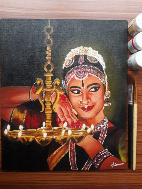 Follow me on Instagram @ravilla_arts Canvas Painting Ideas For Exhibition, Canvas Painting For Exhibition, Painting Ideas On Canvas Krishna, Canvas Pad Painting Ideas, Acrylic On Canvas Ideas, Dance Canvas Painting, Spiderman Canvas Art, Dance Painting, Contemporary Folk Art