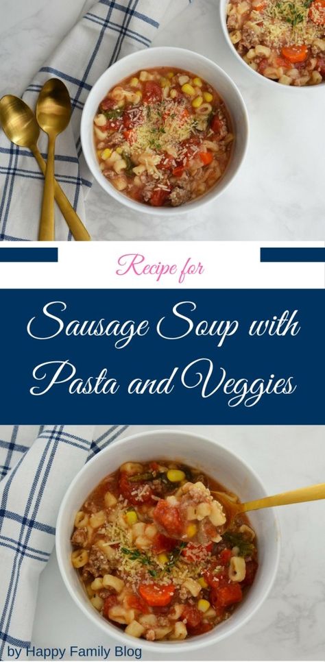 Recipe for Sausage Soup with Pasta and Veggies.  A delicious and nutritious soup made in the crock pot.  In partnership with Jimmy Dean.   #soups #soup #sausagesoup #sausageandvegetablesoup #ad Jimmy Dean Sausage Soup, Crockpot Sausage Soup, Jimmy Dean Sausage Recipes Dinner, Veggies Meals, Jimmy Dean Sausage Recipes, Soup Sausage, Sausage Meals, Recipe For Sausage, Soup With Pasta