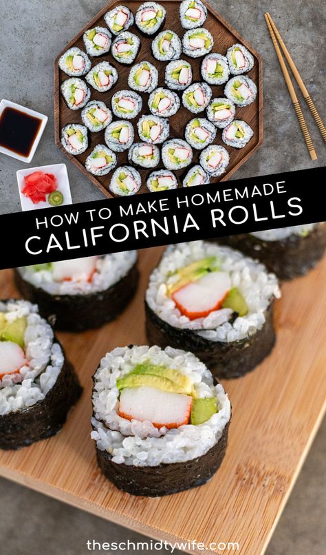 Sushi Recipes California Roll, Homemade California Rolls, California Roll Recipe, California Sushi Rolls, Easy Sushi Rolls, California Roll Recipes, Recipes Sushi, Wife Recipes, Crab Avocado