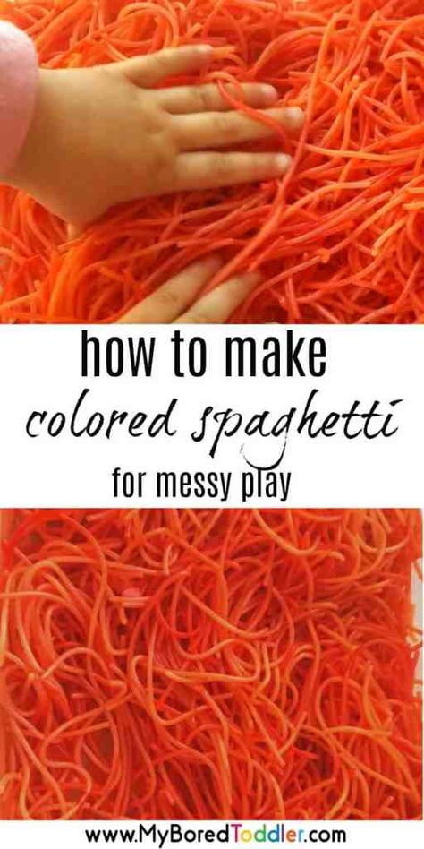 How to color spaghetti for messy play Bonfire Crafts, Toddler Messy Play, Rainbow Preschool, Easy Indoor Activities, Messy Play Activities, Colored Spaghetti, Sensory Bin Play, Halloween Activities For Toddlers, Toddler Sensory Bins