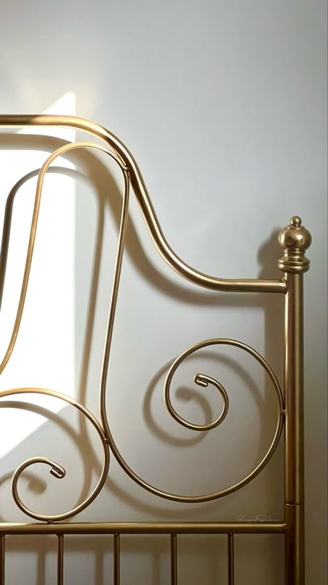 Vintage Gold Bed, Gold Brass Bed Frame, Gold Queen Size Bed Frame, Brass Bedframe Bedroom Ideas, Golden Metal Bed Frame, Ikea Bed Leirvik, Gold Bed Frame Aesthetic, Gold Bed Frames, Ikea Bed Frame Makeover