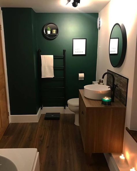 Dark Green Restroom, Bottle Green Bathroom, Dark Green Bathroom Ideas, Green Bathroom Paint, Restroom Ideas, Teal Bathroom Ideas, Dark Green Bathrooms, Bathroom 2024, Turquoise Bathroom