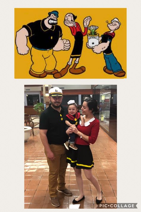 Popeye Halloween Costume Family, Popeye And Olive Oil Costume, Popeye Halloween Costume, Brutus Popeye, Stroller Costume, Sailor Birthday, Popeye And Olive, Popeye The Sailor Man, Family Photoshoot Outfits