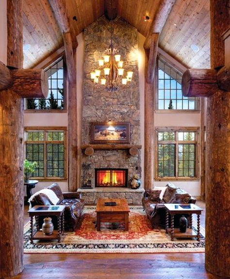 Cabin Fireplace, Log Cabin Living, Log Cabin Interior, Log Home Designs, Log Cabin Ideas, Cabin Living Room, Small Log Cabin, Wood Houses, Log Home Decorating