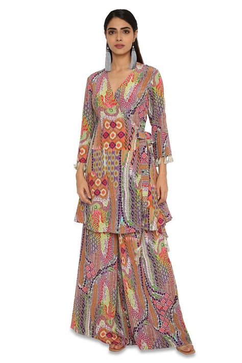 Buy Payal Singhal Multi Color Crepe African Print Tunic And Palazzo Set Online | Aza Fashions Crepe Tops For Women, Top With Palazzo, Overlap Top, Wine Colour, Latest Dress Design, Ankara Gown Styles, Payal Singhal, Tunic Designs, Palazzo Set