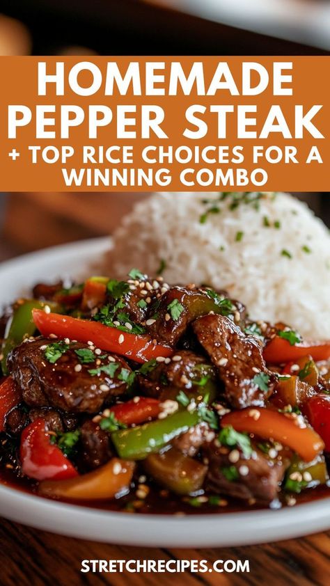 Transform your weeknight dinners with my best-ever pepper steak recipe! Featuring tender beef and colorful bell peppers, this dish is a flavor explosion. I love serving it over Jasmine rice, but you can easily swap it for long-grain white or brown rice. Follow my simple instructions to whip up this easy pepper steak meal in no time. Save this pin for later and click through for the full recipe! Best Ever Pepper Steak, Pepper Steak Recipe Easy, Pepper Steak And Rice, Jasmine Rice Recipes, Brown Stew Chicken, Steak And Rice, Pepper Steak Recipe, White Rice Recipes, Rice Side Dish Recipes