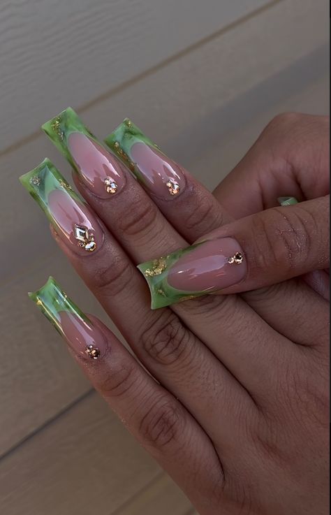 Green Nails With Gems, Taurus Birthday Nails, Jade Nails Designs, Classy Acrylic, Nails Extra, Green Acrylic Nails, Acrylic Toe Nails, Drip Nails, Her Nails