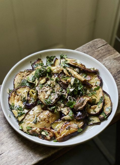 Herby Marinated Eggplant Salad | Bengingi Marinated Eggplant, Egg For Breakfast, Summer Herbs, Veggie Side Dish Recipes, Kitchen Thermometer, Eggplant Salad, Veggie Side Dishes, Wine Vinegar, Small Plate