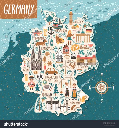 Vector stylized map of Germany. Travel illustration with german landmarks, people, food and animals.Germany#Travel#map#Vector German Landmarks, Map Illustrations, Gallery Wall Art Prints, Map Posters, Illustrated Maps, Germany Map, Map Illustration, Itinerary Planning, Map Wall Decor