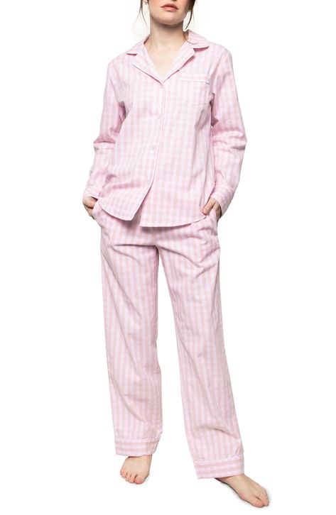 Soft pink gingham checks sweeten any morning in these comfy cotton pajamas polished off with smooth piping, curved lapels and a chest pocket. Style Name:Petite Plume Gingham Pajamas. Style Number: 6286551. Gingham Pajamas, Pink Plaid Pjs, Gingham Pajama Set, Gingham Cotton Sleepwear For Sleepover, Playful Pink Cotton Sleepwear, Night Suit, Pink Gingham, Gingham Check, Cotton Pyjamas