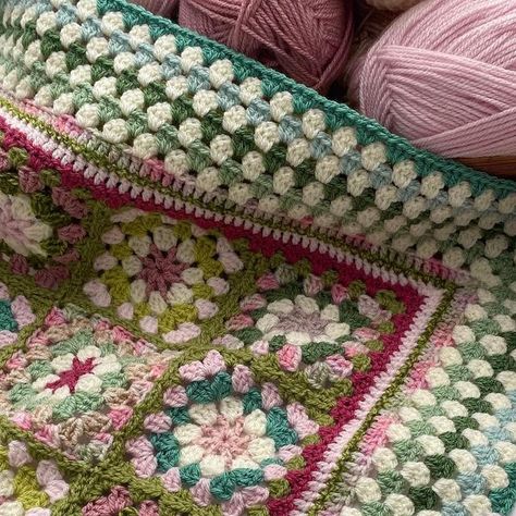 bean_crochet on Instagram: "Here we go….my first Little Gem Blanket and what a pretty one it is too. I’m enjoying it so much 🌸 The gorgeous pattern is by @woolthreadpaint and I’ve also been inspired to make this by seeing the many beautiful ones made by @sarag956 🌸 There are colour options given in the pattern but I’ve chosen to use my own colours for this one. I feel as though I’m clinging onto summer with the many different pinks and greens and I’m excited to see how it develops 🌸 We also h Pink And Green Granny Squares, Green And Pink Crochet Blanket, Pink And Green Crochet Blanket, Downtown Crochet, Green Granny Square Blanket, Pretty Crochet Blanket, Green Crochet Blanket, Crochet Blanket Borders, Pink And Green Crochet