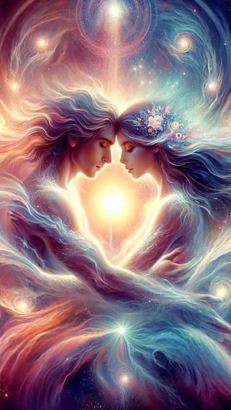 Angel Lovers, Art Amour, Twin Flame Art, Cosmic Love, Violet Flame, Image Couple, Divine Masculine, Twin Flame Relationship, Angel Artwork