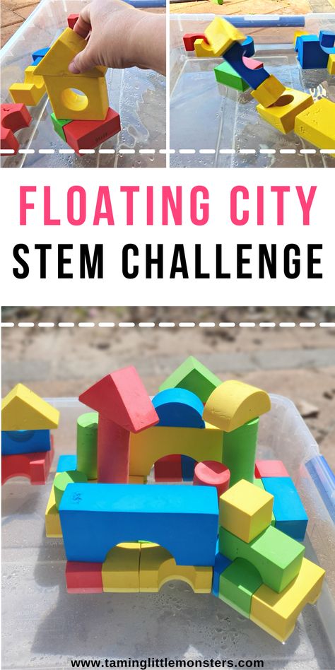 Floating City - STEM Challenge for Kids. Can you build a city that floats and doesn't fall down? This is a fun engineering activity for hot summer days. #stem #preschool #kindergarten #summer Building Activities Preschool Art, Engineering For Toddlers, Pre K Engineering Activities, Stem Preschool Crafts, Sensory Building Activities, 1st Grade Engineering Activities, Stem Activities Preschool Kindergarten, Stem Building Challenges For Preschool, Building Science Preschool