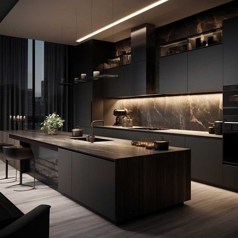 Modern Dark Kitchen, Desain Pantry, Dark Modern, Modern Kitchen Interiors, House Design Kitchen, Kitchen Inspiration Design, Dream House Interior, Black Kitchens, Luxury Kitchen