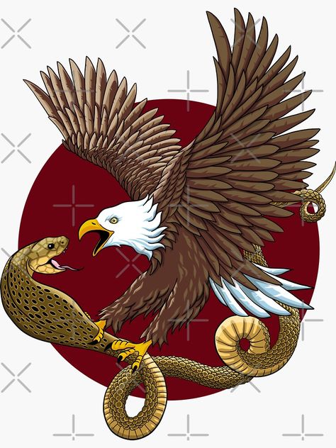 Eagle vs snake Sticker. Illustration of a bald eagle fighting a snake (cobra). #eagle #snake #cobra #eagledesign #eaglegifts #eaglelovers #eaglesticker #snakesticker #eaglestickers #snakestickers Eagle Snake Drawing, Gost Pic, Eagle And Snake Drawing, Eagle Vs Snake, Eagle Catching Snake, Mexican Eagle With Snake, Brown Snake Eagle, Tiger Vector, Painted Cow Skulls