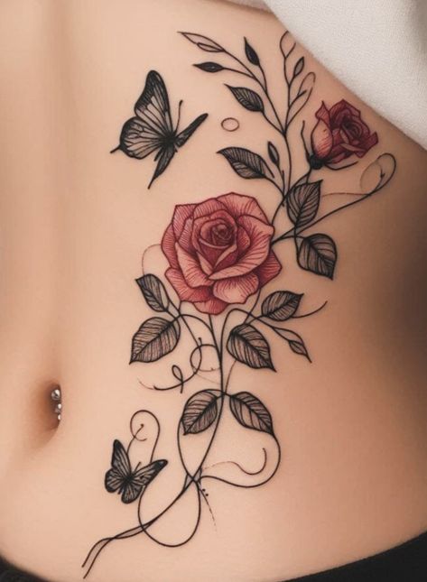 Floral Side Tattoos Women, Under Belly Button Tattoo, Side Hip Tattoos Women, Rose Tattoo On Thigh, Tattoo Pierna Mujer, Shhh Tattoo, Deadpool Birthday, Side Hip Tattoos, Floral Thigh Tattoos